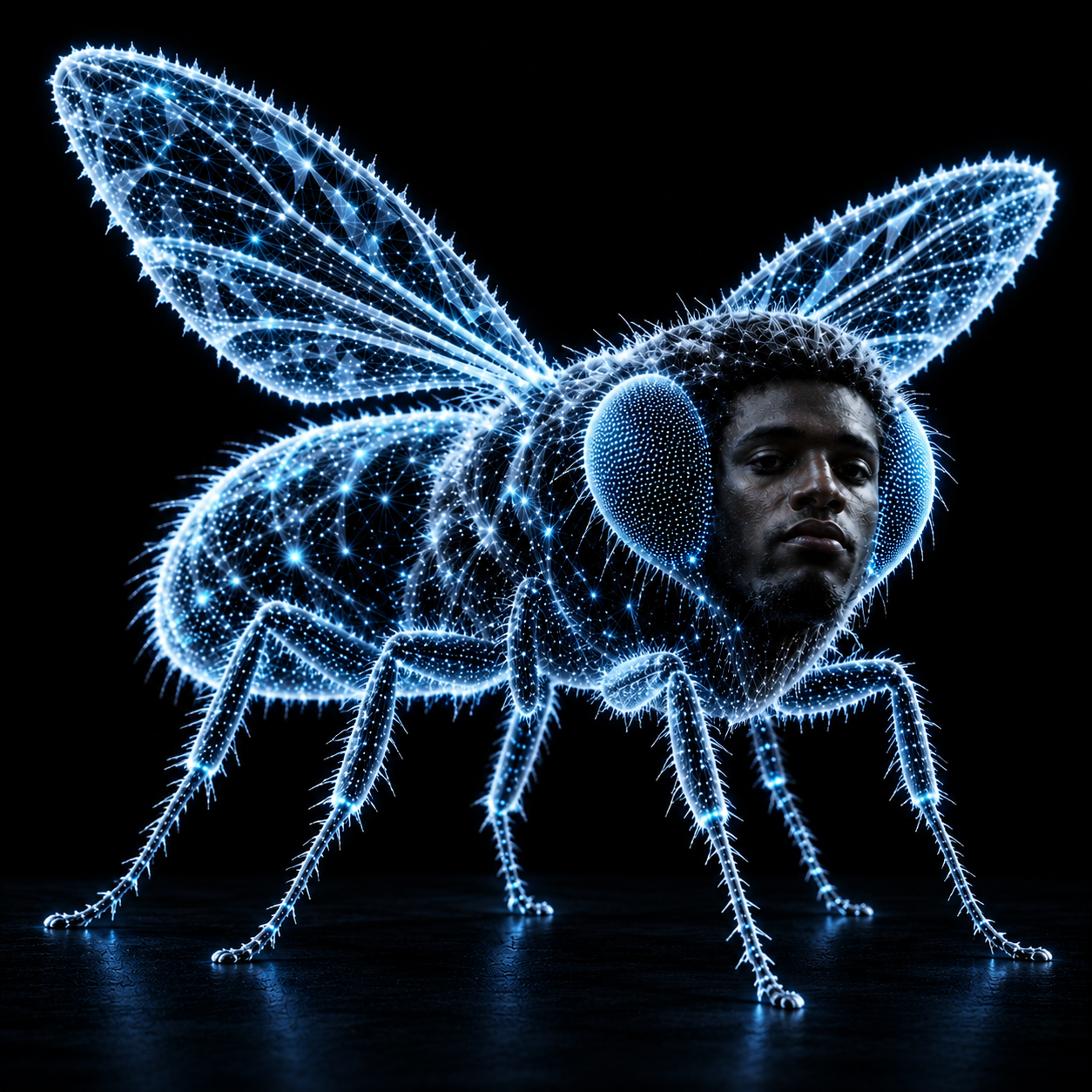 A luminous electric-blue cybernetic fly with Ansem's face
